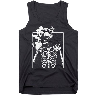 Skeleton Drinking Coffee Front Design White Tank Top