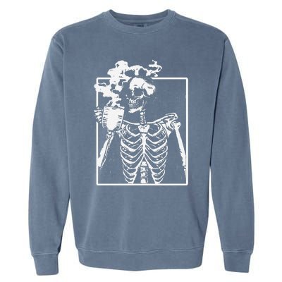 Skeleton Drinking Coffee Front Design White Garment-Dyed Sweatshirt