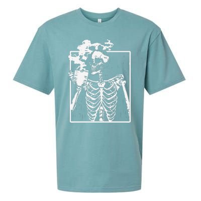 Skeleton Drinking Coffee Front Design White Sueded Cloud Jersey T-Shirt