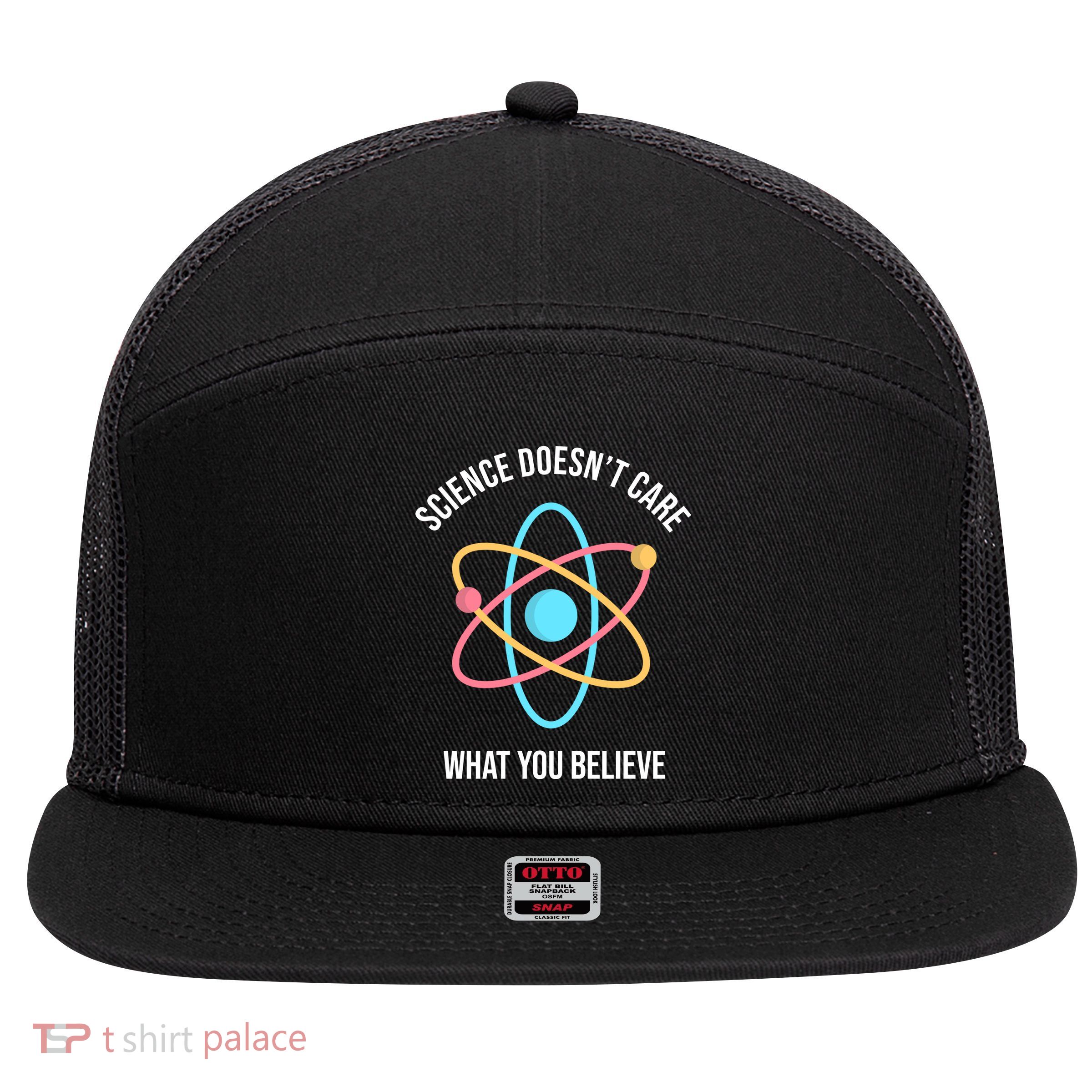 Science Doesn't Care What You Believe Atom 7 Panel Mesh Trucker Snapback Hat