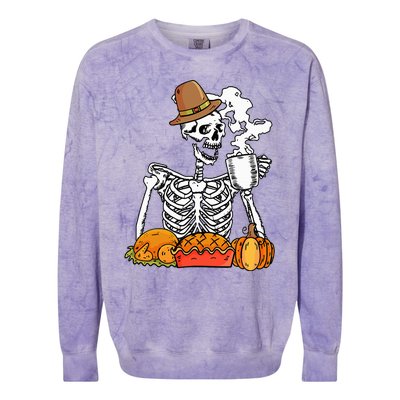 Skeleton Drinking Coffee Thanksgiving Pumpkin Pie Turkey Colorblast Crewneck Sweatshirt