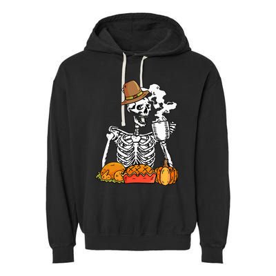 Skeleton Drinking Coffee Thanksgiving Pumpkin Pie Turkey Garment-Dyed Fleece Hoodie