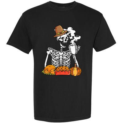 Skeleton Drinking Coffee Thanksgiving Pumpkin Pie Turkey Garment-Dyed Heavyweight T-Shirt