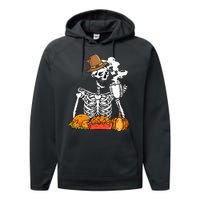 Skeleton Drinking Coffee Thanksgiving Pumpkin Pie Turkey Performance Fleece Hoodie