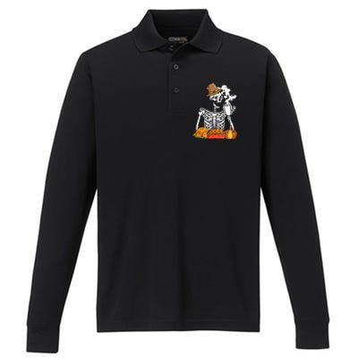 Skeleton Drinking Coffee Thanksgiving Pumpkin Pie Turkey Performance Long Sleeve Polo