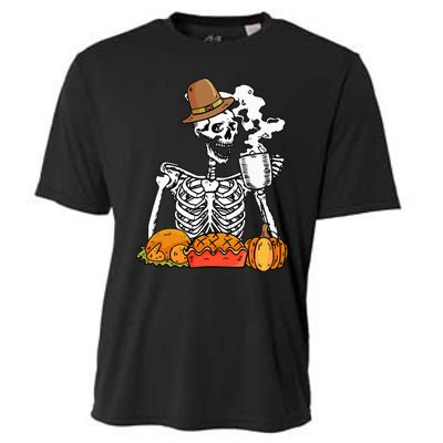 Skeleton Drinking Coffee Thanksgiving Pumpkin Pie Turkey Cooling Performance Crew T-Shirt