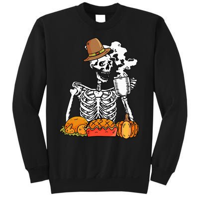 Skeleton Drinking Coffee Thanksgiving Pumpkin Pie Turkey Sweatshirt