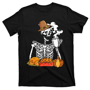 Skeleton Drinking Coffee Thanksgiving Pumpkin Pie Turkey T-Shirt