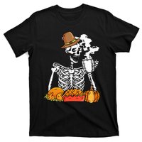 Skeleton Drinking Coffee Thanksgiving Pumpkin Pie Turkey T-Shirt