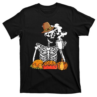 Skeleton Drinking Coffee Thanksgiving Pumpkin Pie Turkey T-Shirt