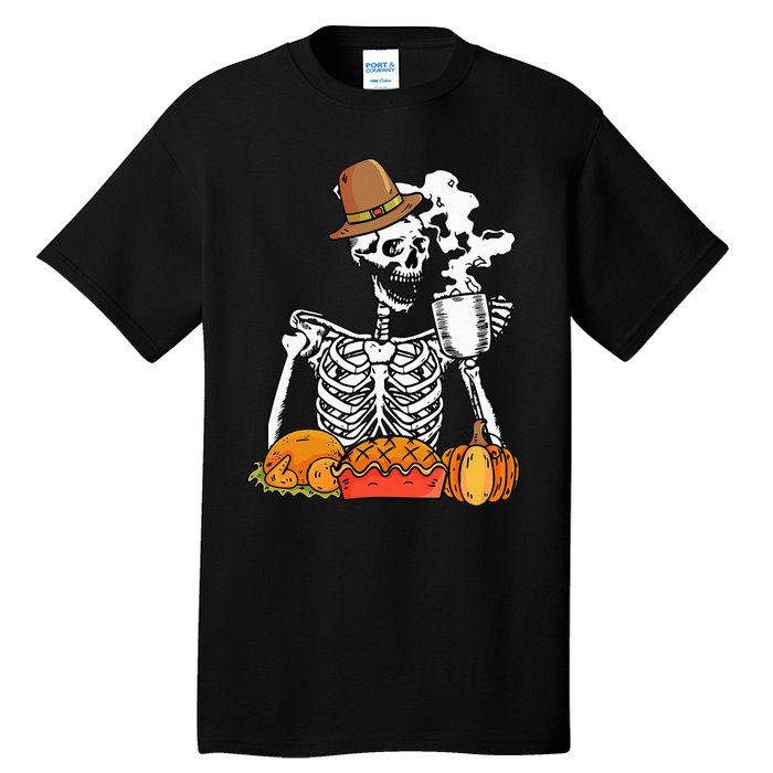 Skeleton Drinking Coffee Thanksgiving Pumpkin Pie Turkey Tall T-Shirt