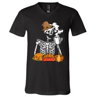 Skeleton Drinking Coffee Thanksgiving Pumpkin Pie Turkey V-Neck T-Shirt