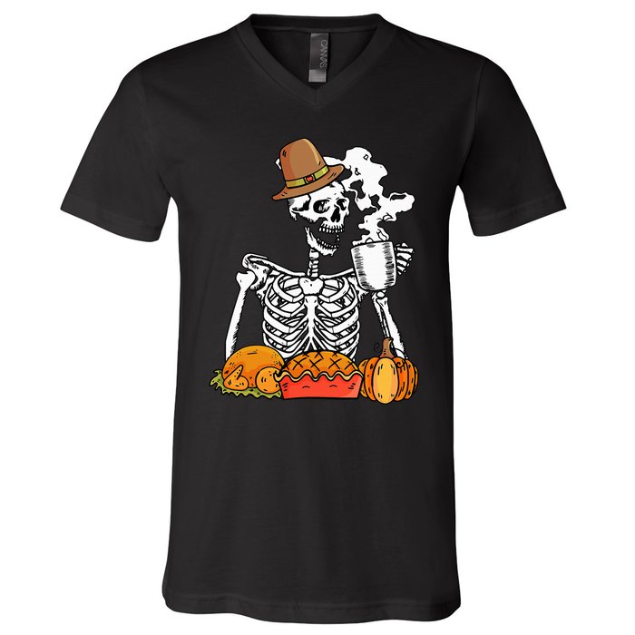 Skeleton Drinking Coffee Thanksgiving Pumpkin Pie Turkey V-Neck T-Shirt