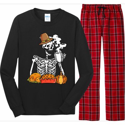 Skeleton Drinking Coffee Thanksgiving Pumpkin Pie Turkey Long Sleeve Pajama Set