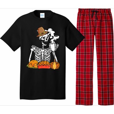 Skeleton Drinking Coffee Thanksgiving Pumpkin Pie Turkey Pajama Set