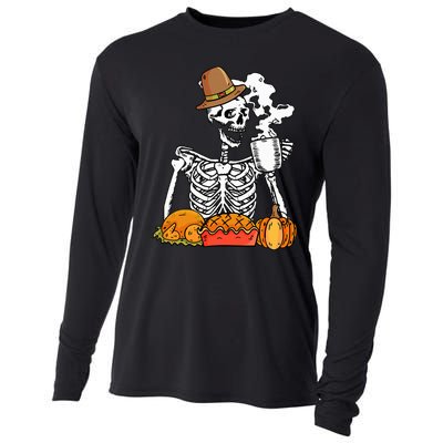 Skeleton Drinking Coffee Thanksgiving Pumpkin Pie Turkey Cooling Performance Long Sleeve Crew