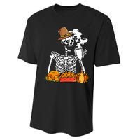 Skeleton Drinking Coffee Thanksgiving Pumpkin Pie Turkey Performance Sprint T-Shirt