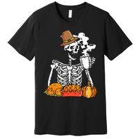 Skeleton Drinking Coffee Thanksgiving Pumpkin Pie Turkey Premium T-Shirt