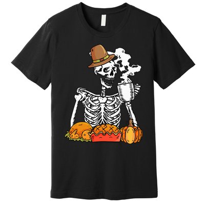 Skeleton Drinking Coffee Thanksgiving Pumpkin Pie Turkey Premium T-Shirt