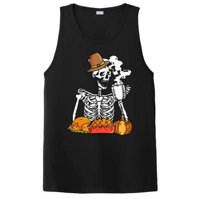 Skeleton Drinking Coffee Thanksgiving Pumpkin Pie Turkey PosiCharge Competitor Tank