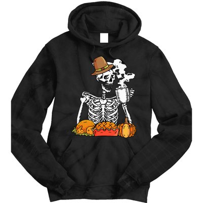 Skeleton Drinking Coffee Thanksgiving Pumpkin Pie Turkey Tie Dye Hoodie