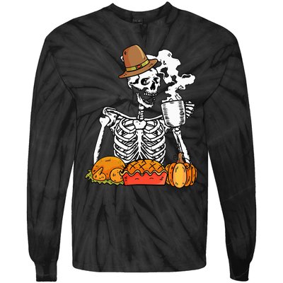 Skeleton Drinking Coffee Thanksgiving Pumpkin Pie Turkey Tie-Dye Long Sleeve Shirt