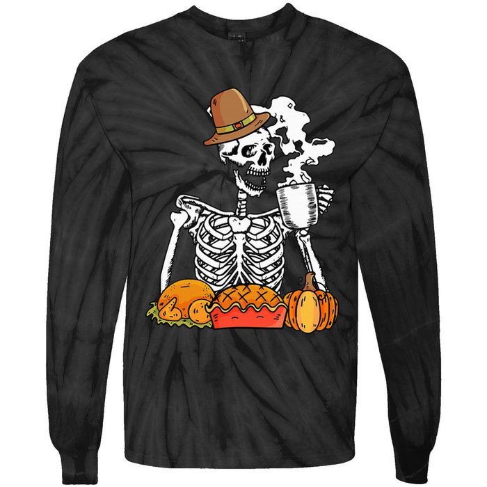 Skeleton Drinking Coffee Thanksgiving Pumpkin Pie Turkey Tie-Dye Long Sleeve Shirt