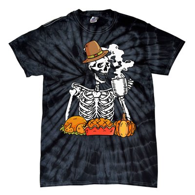 Skeleton Drinking Coffee Thanksgiving Pumpkin Pie Turkey Tie-Dye T-Shirt