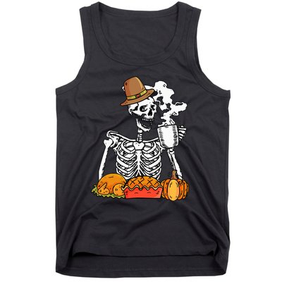 Skeleton Drinking Coffee Thanksgiving Pumpkin Pie Turkey Tank Top