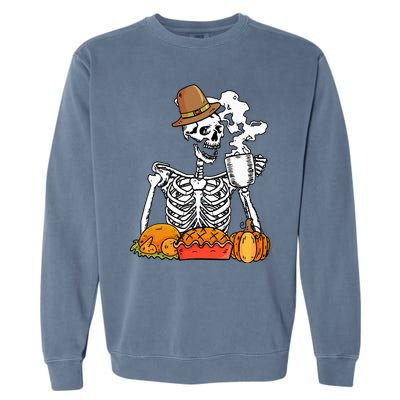 Skeleton Drinking Coffee Thanksgiving Pumpkin Pie Turkey Garment-Dyed Sweatshirt