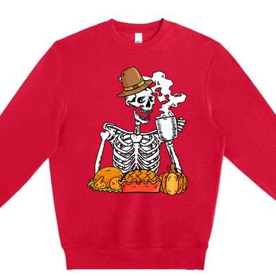 Skeleton Drinking Coffee Thanksgiving Pumpkin Pie Turkey Premium Crewneck Sweatshirt