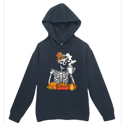 Skeleton Drinking Coffee Thanksgiving Pumpkin Pie Turkey Urban Pullover Hoodie