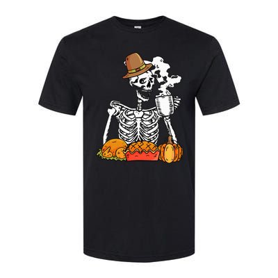 Skeleton Drinking Coffee Thanksgiving Pumpkin Pie Turkey Softstyle CVC T-Shirt