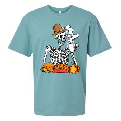 Skeleton Drinking Coffee Thanksgiving Pumpkin Pie Turkey Sueded Cloud Jersey T-Shirt