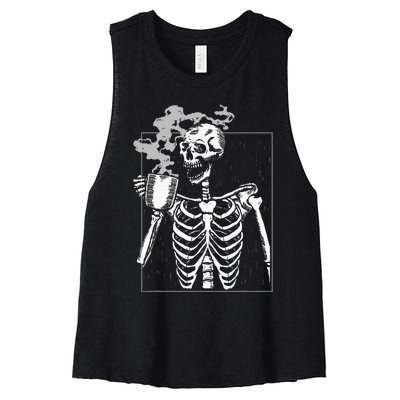 Skeleton Drinking Coffee Caffeine Lover Coffee Brewer Women's Racerback Cropped Tank