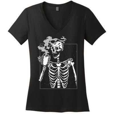 Skeleton Drinking Coffee Caffeine Lover Coffee Brewer Women's V-Neck T-Shirt