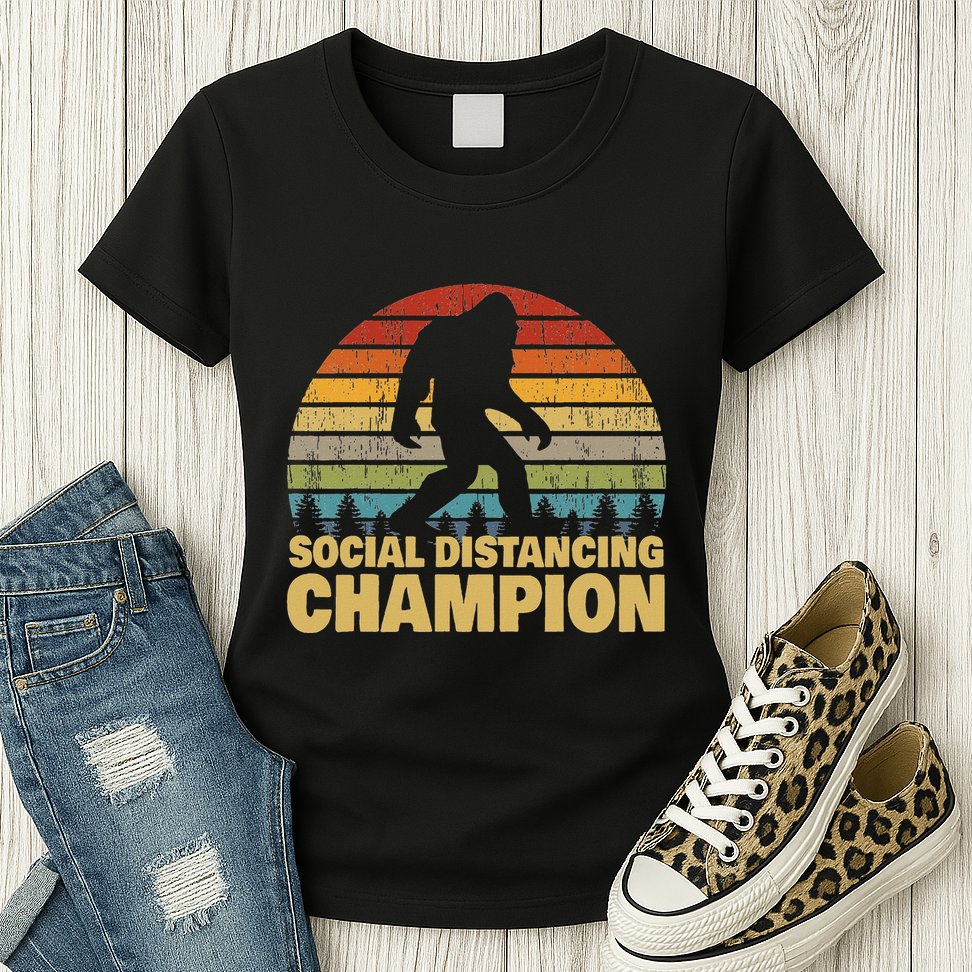 Social Distancing Champion Trendy Meme Funny Bigfoot Womens T-Shirt