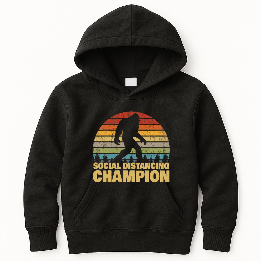 Social Distancing Champion Trendy Meme Funny Bigfoot Kids Hoodie