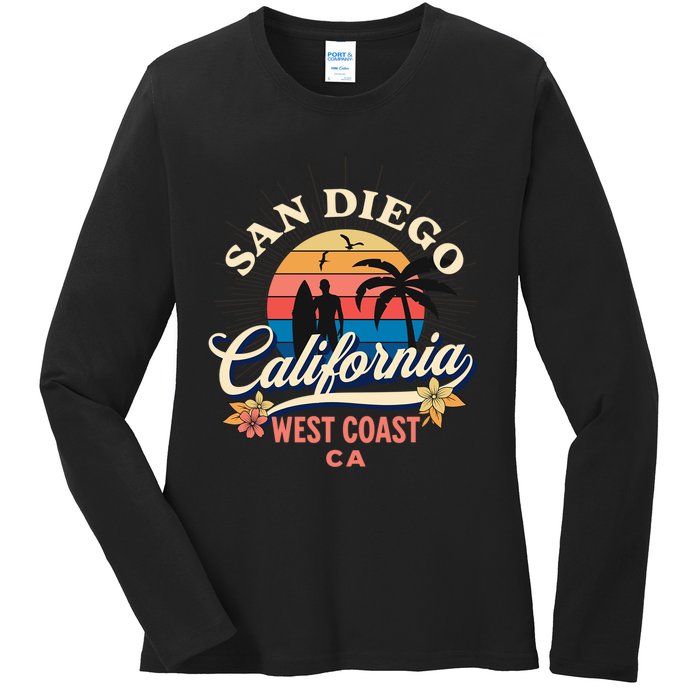 San Diego California Beach Surf Summer Vacation Vintage Funny Gift Ladies Long Sleeve Shirt