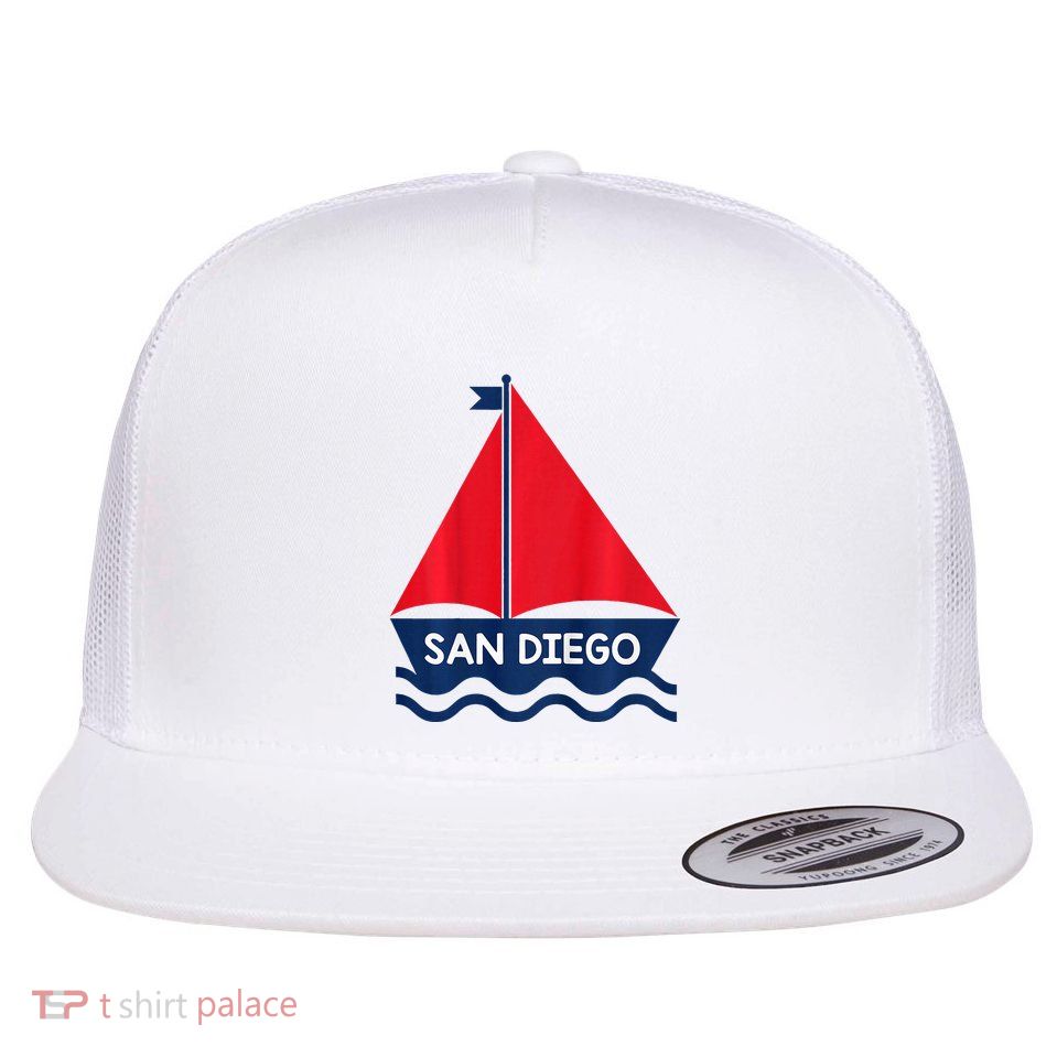 San Diego California Sail Boat Souvenir Flat Bill Trucker Hat