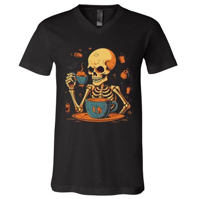 Skeleton Drinking Coffee Halloween Costume Barista V-Neck T-Shirt