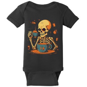 Skeleton Drinking Coffee Halloween Costume Barista Baby Bodysuit