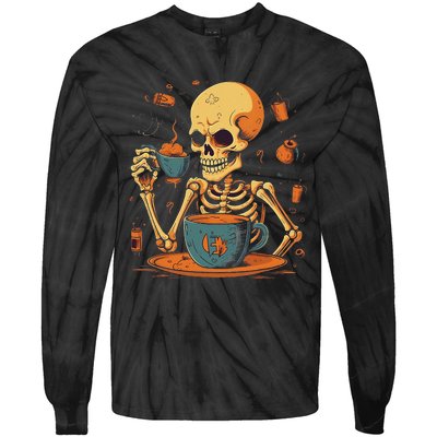 Skeleton Drinking Coffee Halloween Costume Barista Tie-Dye Long Sleeve Shirt