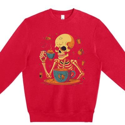 Skeleton Drinking Coffee Halloween Costume Barista Premium Crewneck Sweatshirt