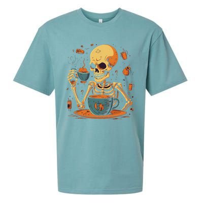 Skeleton Drinking Coffee Halloween Costume Barista Sueded Cloud Jersey T-Shirt