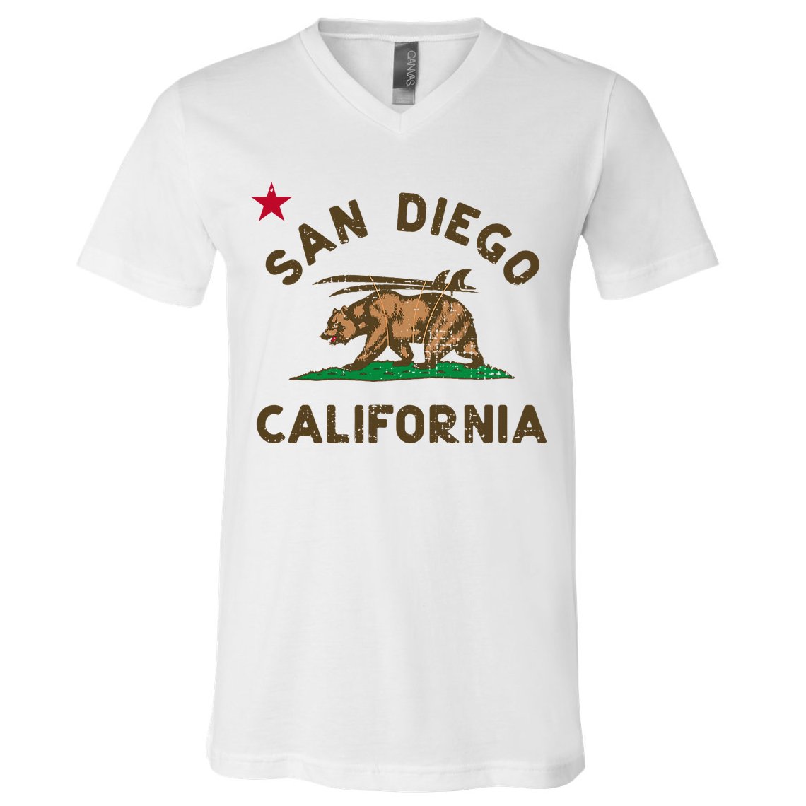 San Diego California Beach Flag Bear Surf Ca V-Neck T-Shirt