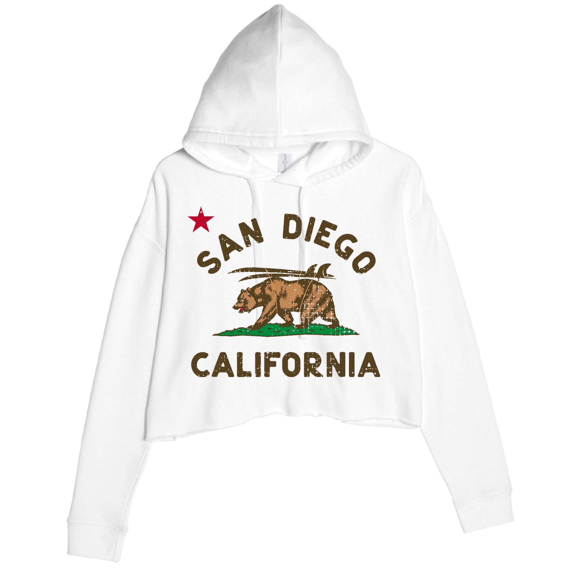San Diego California Beach Flag Bear Surf Ca Crop Fleece Hoodie
