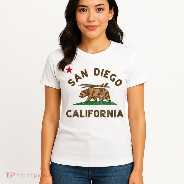 San Diego California Beach Flag Bear Surf Ca Womens T-Shirt