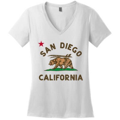 San Diego California Beach Flag Bear Surf Ca Women's V-Neck T-Shirt