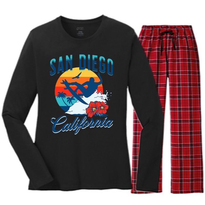 San Diego California Beach Surf Summer Vacation Vintage Women's Long Sleeve Flannel Pajama Set 